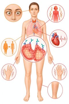 Hyperthyroidism Graves disease symptoms diagram, endocrinology medical infographic illustration showing exophthalmos, tachycardia, weight loss, tremor and pretibial myxedema