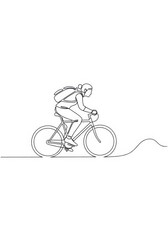 Fototapeta premium Continuous Line Drawing of a Woman Riding a Bicycle with a Backpack - Minimalist Cyclist Vector Illustration