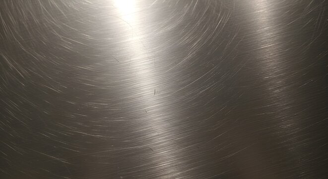Brushed stainless steel metal surface with circular scratch texture and bright light reflection