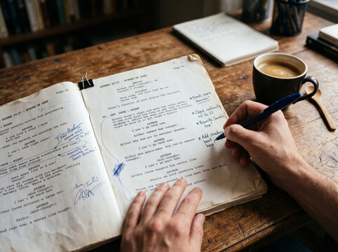 Creative writer hand taking script notes in notebook next to coffee cup