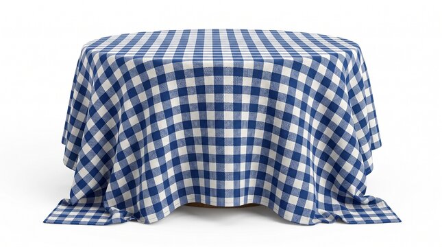 Tablecloth with Blue and White Gingham Pattern Draped over a Circular Table Against a Plain White Background