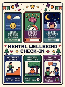 Mental health check-in app dashboard in colorful pixel art style