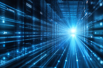 Fototapeta premium A futuristic, digital tunnel of glowing blue data streams receding into a bright light.