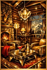 Fototapeta premium Cozy cabin winter retreat illustration.
