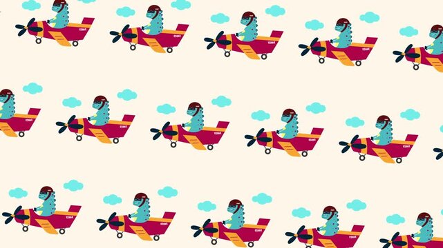 cute dinosaur riding an airplane seamless pattern looping animation