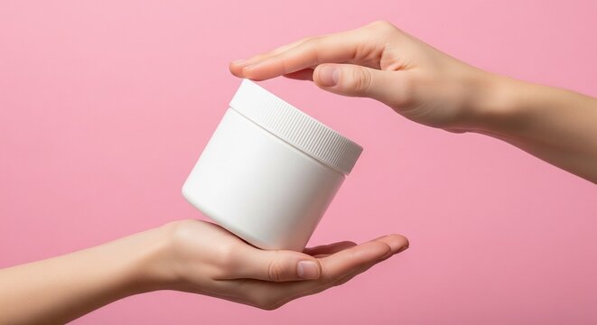 White cosmetic jar held in two hands over a solid pink background, studio photography of a blank skincare cream container for branding