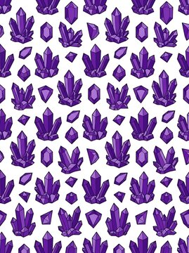 Purple amethyst crystal gems seamless pattern on white background
