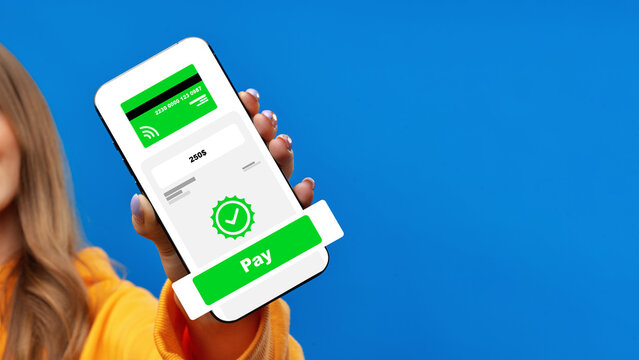 User holds a smartphone displaying an online payment screen against a blue background