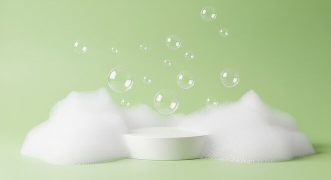 White cylindrical product display pedestal surrounded by soft fluffy soap foam and floating transparent bubbles on a solid light green background