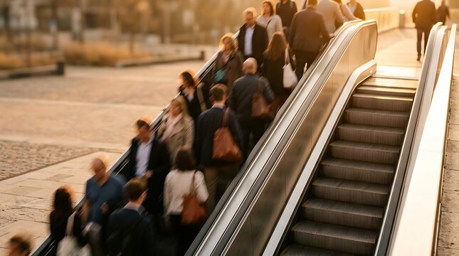 Commuters moving up an outdoor escalator in golden sunset light