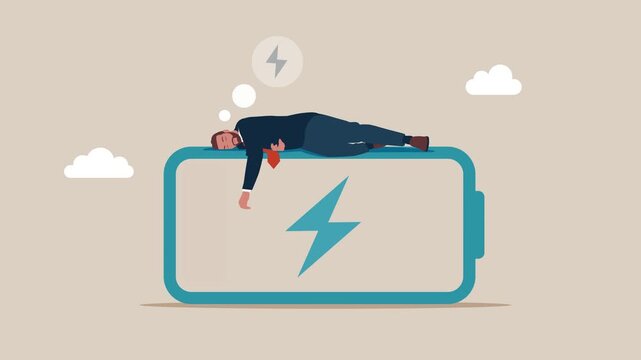 Businessman with low battery. Burnout, overload. Fight burnout at work. Business animation video