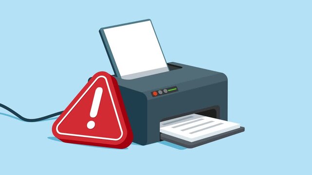 Office laser printer with an exclamation mark of attention.  Error in printout and paper copy device. Business animation video