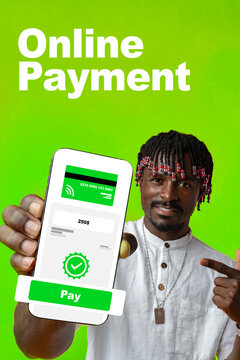 Man shows online payment using mobile phone on a bright green background