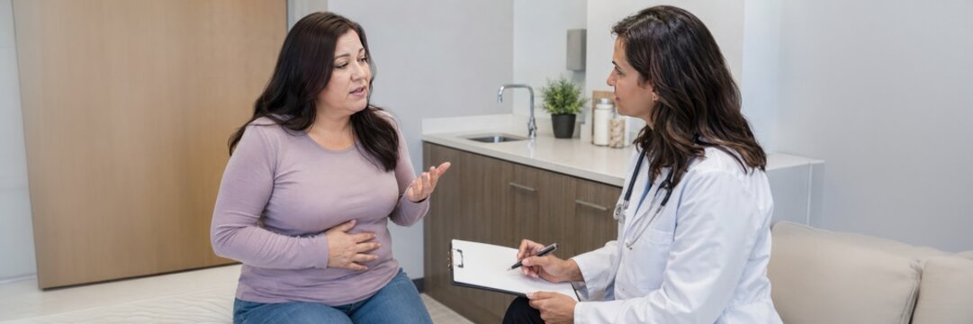Woman discusses abdominal discomfort with doctor, GLP-1 side effects and obesity treatment consultation concept