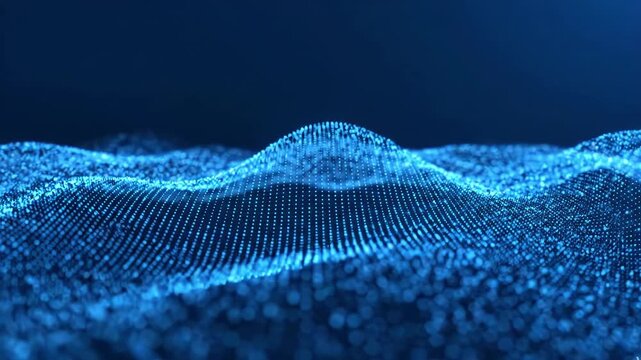 Abstract digital landscape with glowing blue particles forming a wave pattern, representing data flow and network connectivity