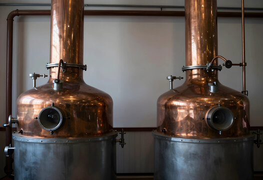 Two large copper and stainless steel distillation stills in a distillery, industrial alcohol production equipment, this industrial equipment is used for alcohol production