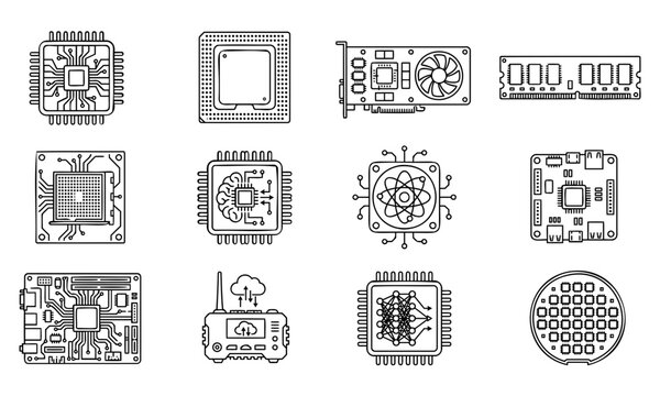 Computer processor hardware components and electronic circuit board vector icons set for modern technology engineering and digital computing design projects