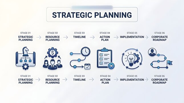 Strategic planning process infographic with six stages