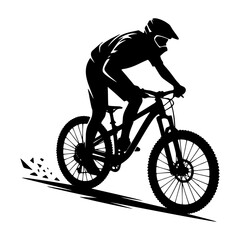 Fototapeta premium silhouette of a cyclist, A helmeted cyclist leaning forward aggressively on a full-suspension mountain bike