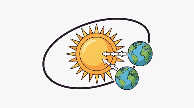 Vector diagram showing Earth's orbital path around the Sun with arrows indicating gravitational pull. Includes detailed globes and elliptical orbit on white background.