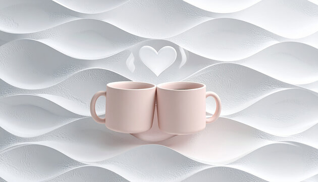 Two Pink Mugs Forming Heart Symbol: Two delicate pink coffee mugs are placed side by side on a minimalist white stand. Generative AI.