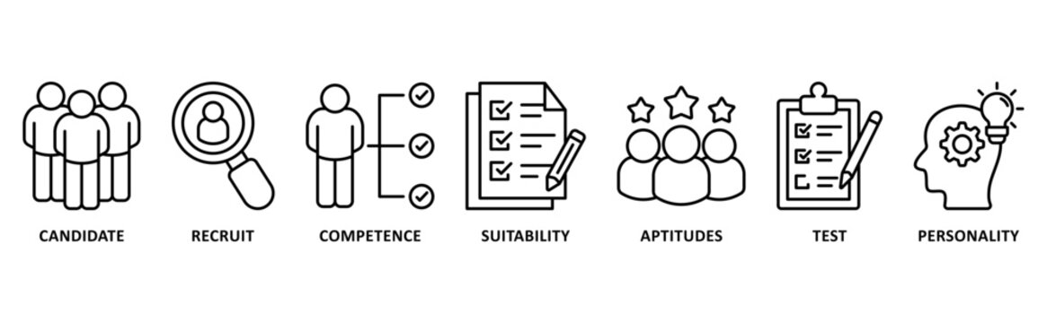 Assessment center banner web icon illustration with icon of candidate, recruit, competence, suitability, aptitudes, test, personality. Vector collection