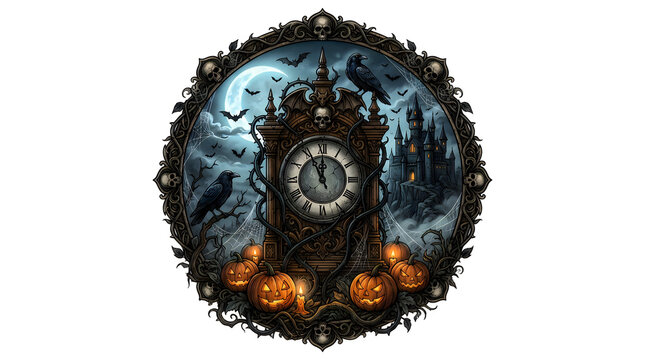 Vintage gothic clock with skulls and ravens inside ornate circular frame for dark designs.