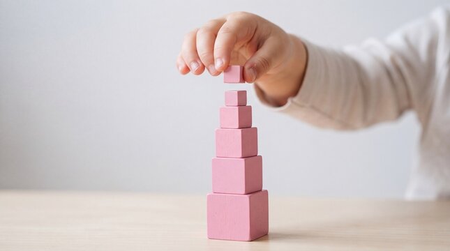 A child's hand carefully places a small pink wooden cube on of a stack of larger pink ad social media download thambnail poster web template event festival 2026 2027 2028