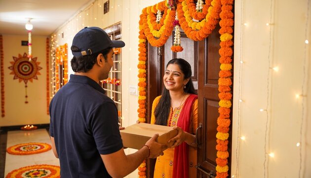 Delivery man handing a package to a smiling Indian woman at a decorated home entrance during Diwali, online shopping and festive courier service for holiday gifts