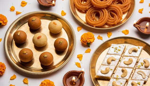Assorted traditional Indian sweets served on brass plates with marigold flowers and lit diya lamps, festive mithai arrangement for diwali celebration and cultural religious holiday
