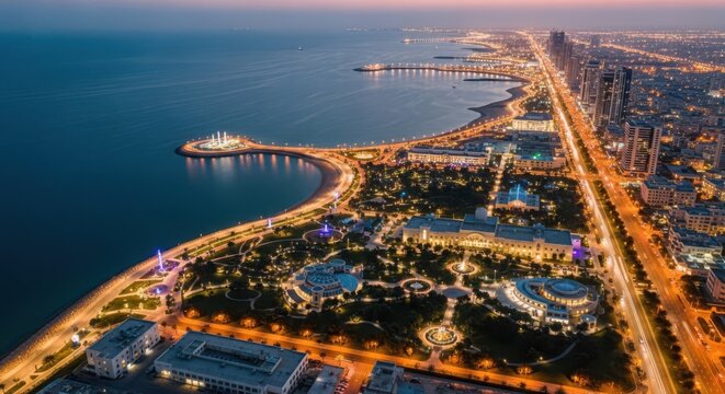 Stunning coastal city illuminated at night with mosque and waterfront during twilight