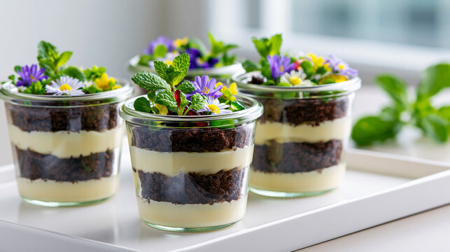 Layered dessert in glass jars featuring chocolate cake, creamy filling, and fresh edible flowers, arranged on a white tray near a window with natural light