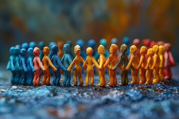 Fototapeta premium Diverse clay figures hold hands in a circle symbolizing cooperation.