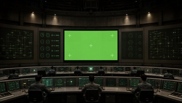Control Room with Green Screen: A dimly lit, futuristic control room features multiple monitors displaying data and a large central screen with a green chroma key background.