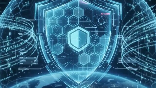 Futuristic Cybersecurity Shield Protecting Global Network with Digital Data Streams and Earth Animation