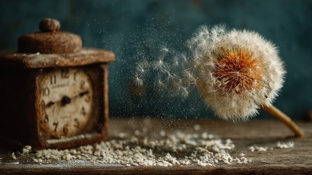 A weathered clock sits next to a dandelion in mid-burst on a rough wooden surface