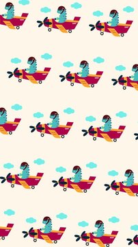 Vertical cute dinosaur riding an airplane seamless pattern looping animation
