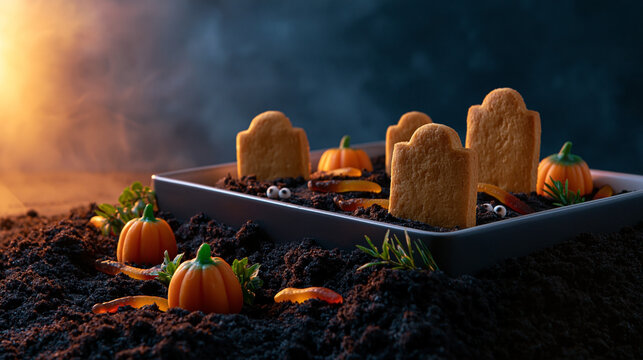 Halloween-themed dessert display featuring gingerbread tombstones, mini pumpkins, gummy worms, and chocolate soil in a dark, atmospheric setting