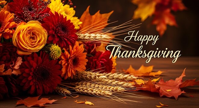 Happy thanksgiving greeting card with a rustic bouquet of autumn flowers and fallen maple leaves on wood