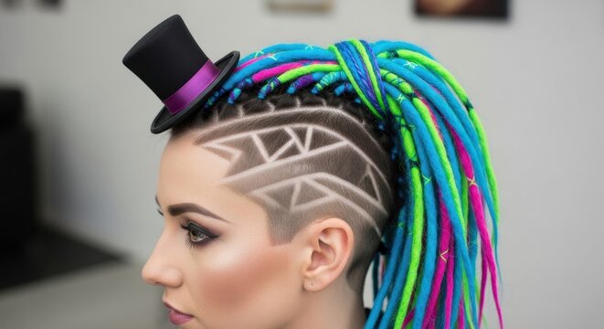Colorful Dreadlocks with Shaved Design and Top Hat.