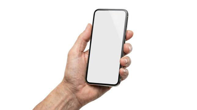 Smartphone mockup held by hand, mobile phone with blank white screen on transparent background, digital device display for app design