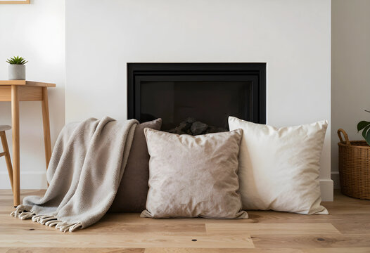Cozy living room interior with neutral colored pillows and a soft blanket on a wooden floor by a modern fireplace, Minimalist home decor with a small table and a potted plant
