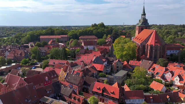 Luneburg, the German medieval town on SUnny day, Aerial shot. Northern Fachwerk and Brick Facades in Lueneburg, Germany.