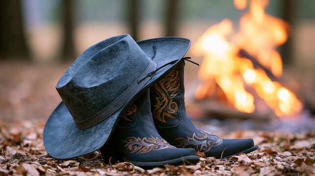 Black cowboy boots with intricate designs placed beside a gray felt hat near a campfire surrounded by autumn leaves in a forest setting