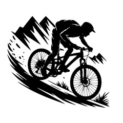 Fototapeta premium silhouette of a man riding a bike, A bold black silhouette of a helmeted mountain biker leaning forward aggressively on a full