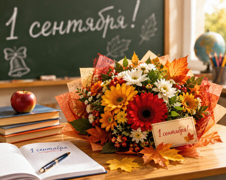 September 1 Knowledge Day Bouquet with Autumn Flowers in Classroom