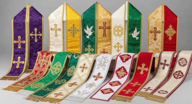 Colorful Liturgical Vestments with Religious Symbols Displayed.