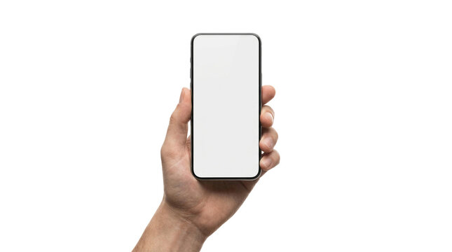 Minimalist smartphone mockup held by hand, blank white screen on mobile device, isolated digital phone display for app design presentation