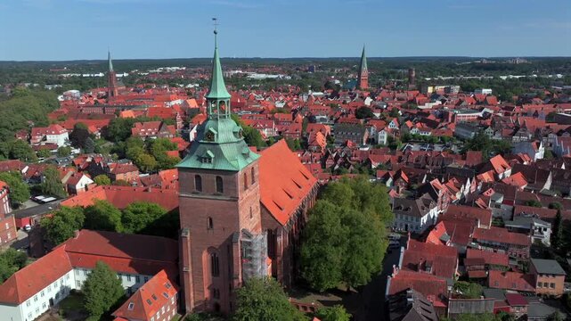Luneburg, the German medieval town on SUnny day, Aerial shot. Northern Fachwerk and Brick Facades in Lueneburg, Germany.