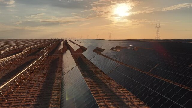 Stunning Sunset over Vast Solar Panel Farm in Remote Sandy Desert Landscape